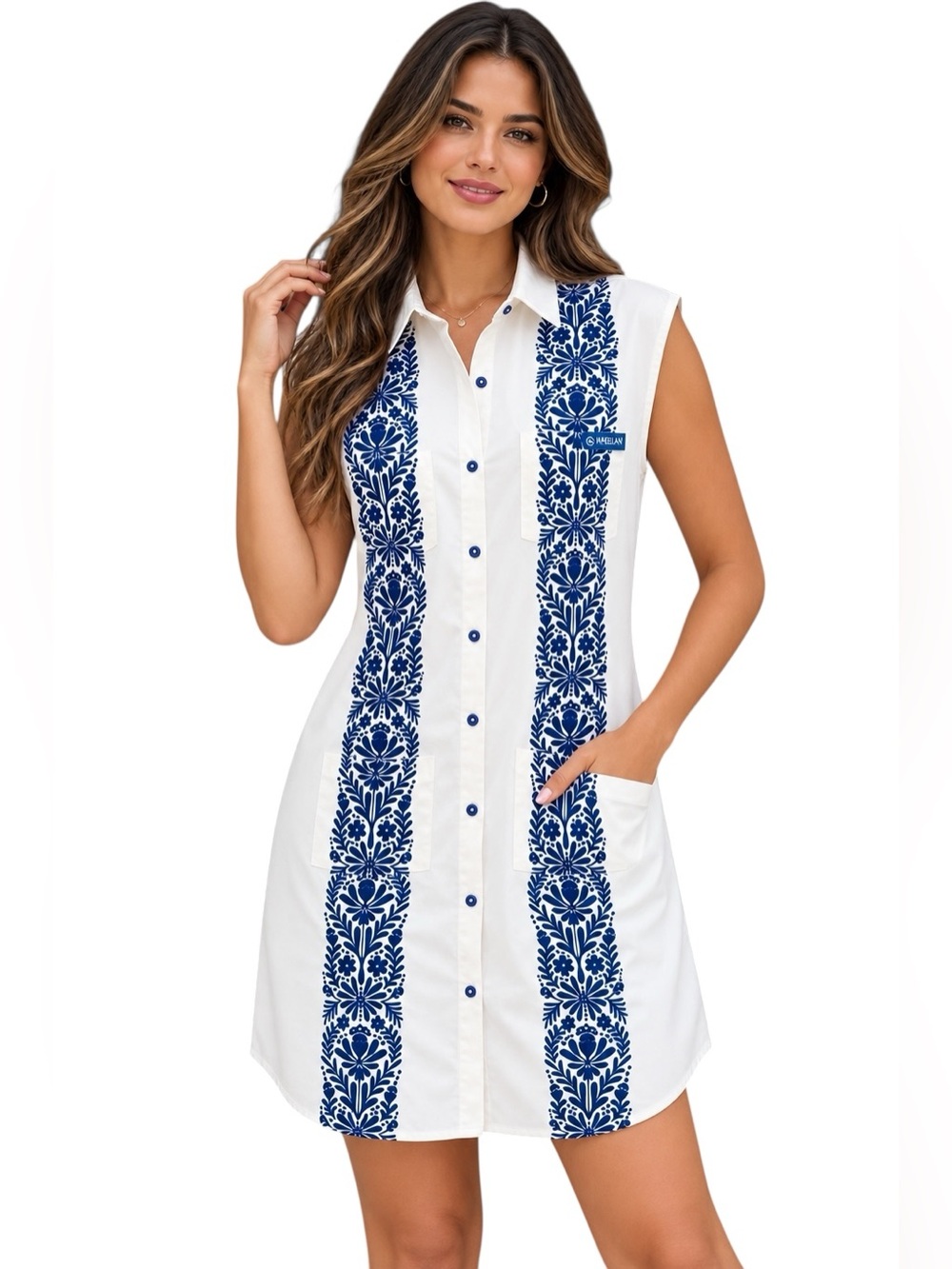 Magellan Outdoors Ivory Blue Embroidered Guayabera Sleeveless Dress Women’s M
